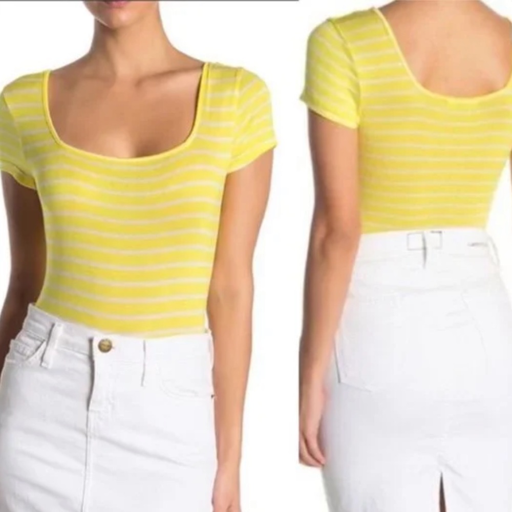 Good Luck Gem Square Neck Yellow & White Striped Short Sleeve Bodysuit Size XL